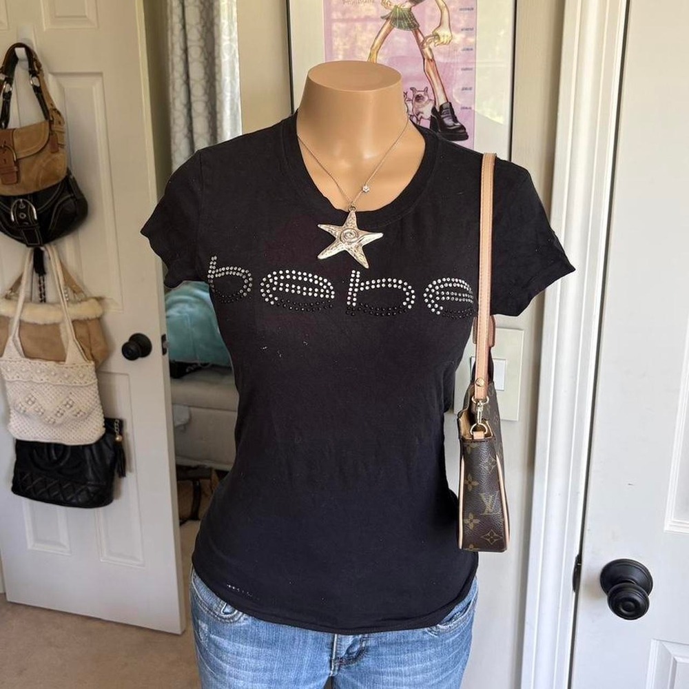 Y2K 2000s Bebe spellout Rhinestone Logo Black Baby Tee